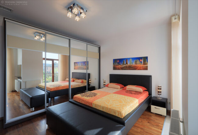 interior of the house, bedroom area, modern design with big mirror. property photography