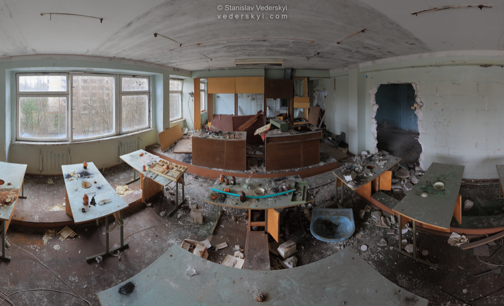 Pripyat-Chemistry-Class-1-1000 Chernobyl zone Multirow panorama shot inside abandoned chemistry classroom in derelict school of Pripyat ghost town, Chernobyl Exclusion zone, Ukraine.