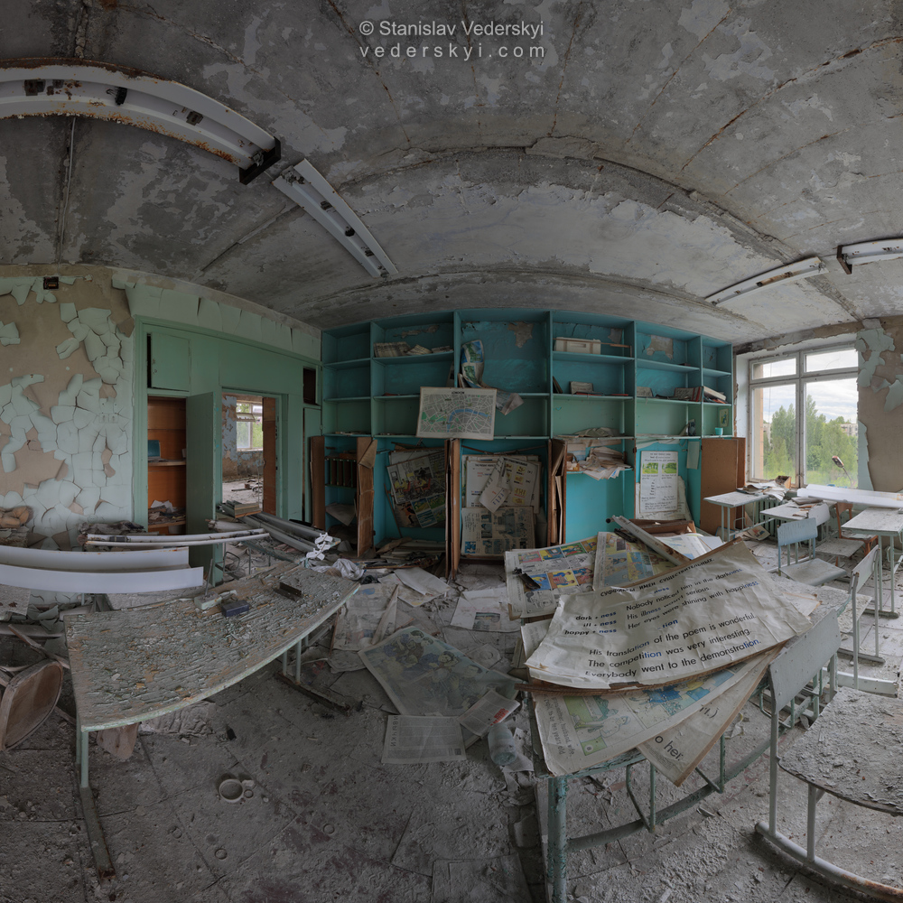 Pripyat-English-Class-1-1000 Multirow square panorama shot inside abandoned English classroom in derelict school of Pripyat ghost town, Chernobyl Exclusion zone, Ukraine.