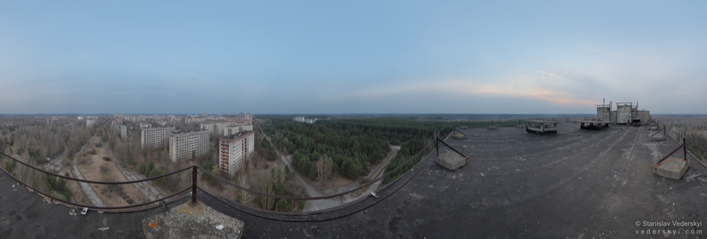 2-Pripyat-Fujiyama-Roof-1-1000-Chernobyl zone Pripyat view on susnet from the roof of fujiyama building, Chernobyl Exclusion Zone, panoramic fine art photograph.