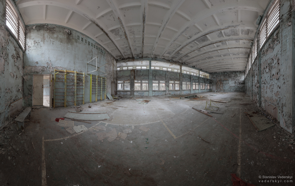 Pripyat-School-Gym-1-1000 Chernobyl zone Multirow panorama shot inside derelict gym in one of the schools in Pripyat ghost town, Chernobyl Exclusion zone, Ukraine.