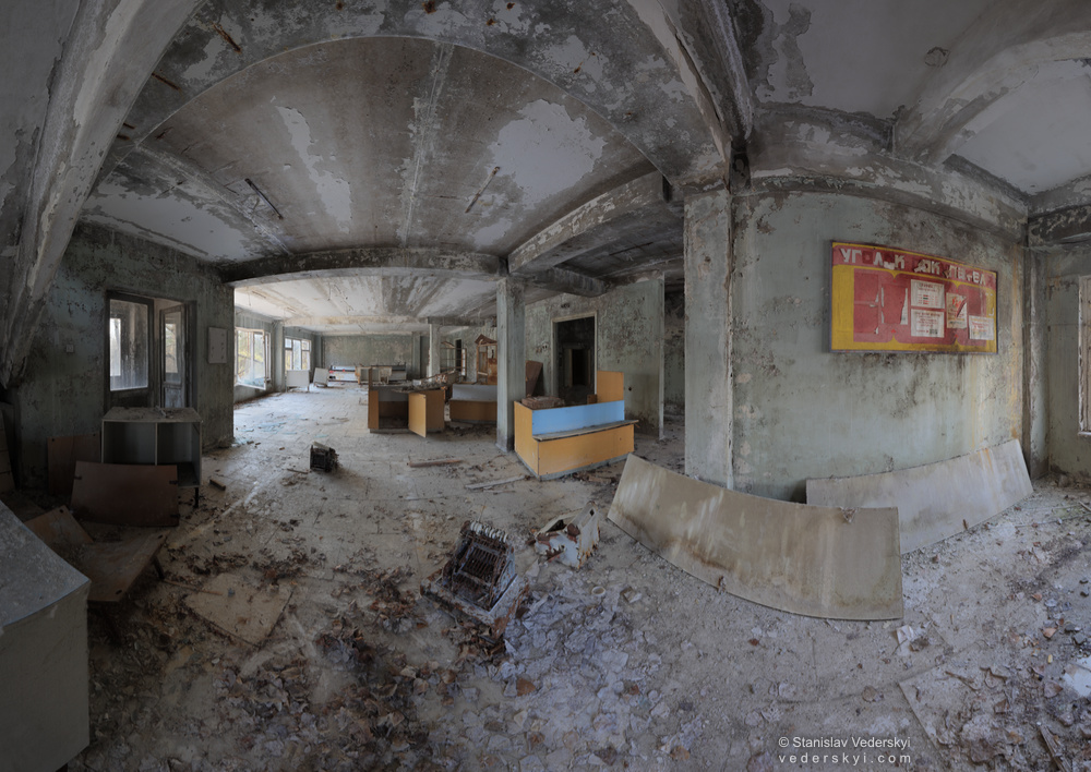 Multirow panorama shot inside of derelict small grocery store in abandoned Pripyat ghost town, Chernobyl Exclusion zone, Ukraine.
