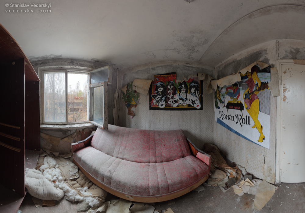 Pripyat rock’n’roll room 1-1000 Chernobyl zone Multirow panorama shot inside apartment's tiny bedroom in abandoned Pripyat ghost town, Chernobyl exclusion zone, Ukraine.