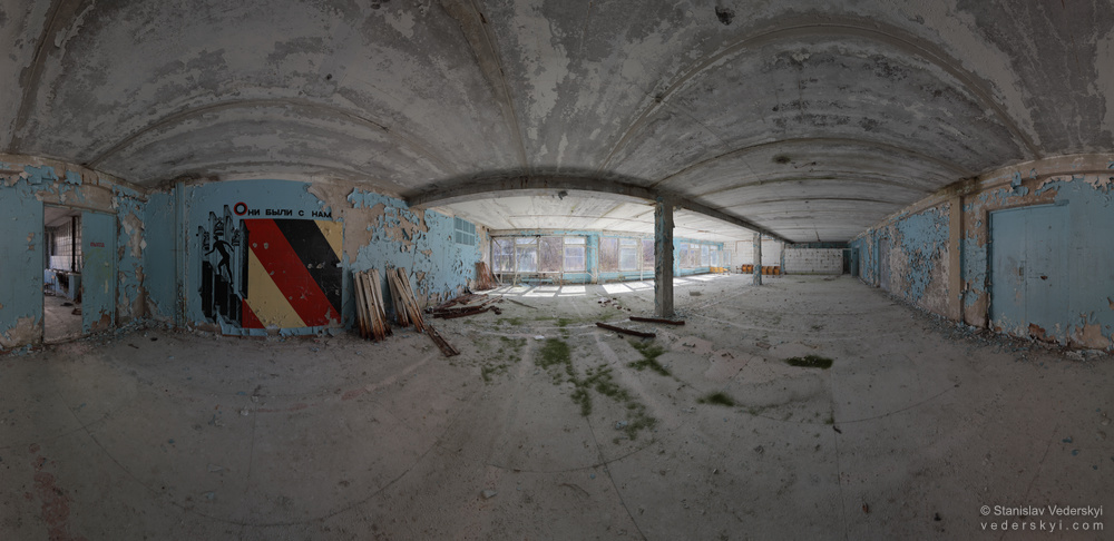 Pripyat Tech School hall 1-1000 Chernobyl zone panorama of abandoned hall in technical school of ghost Pripyat town in Chernobyl Exclusion zone