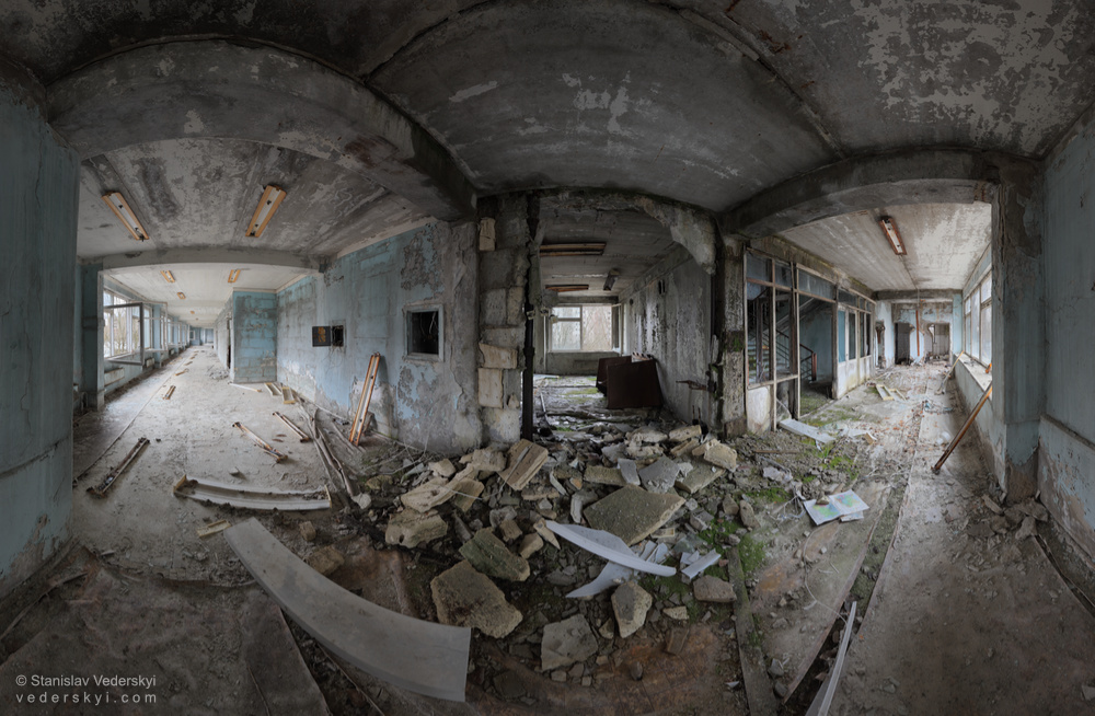 pripyat-school-1-coridor-1-1000 Chernobyl zone Multirow panoramic photograph of empty ruined corridor in abandoned school of derelict Pripyat ghost town in Chernobyl exclusion zone.