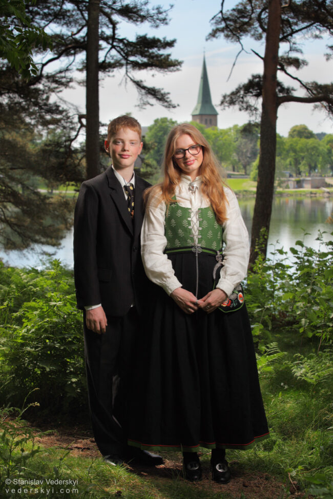Family photo children after confirmation in the park in bunad, Sarpsborg