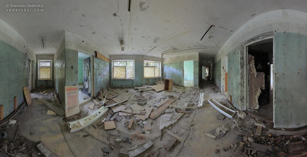 Pripyat-Police Station 1-1000 Chernobyl zone Multirow panorama shot inside derelict police station in abandoned Pripyat ghost town, Chernobyl zone of alienation.