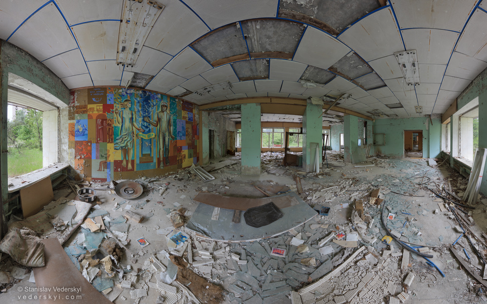 Pripyat-PostOffice-1-1000 Chernobyl zone Multirow panorama of hall inside derelict post office with beautiful wall mural painting, Pripyat, Chernobyl zone