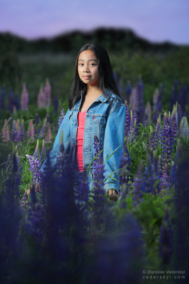gilr in field with lupins at sunset time